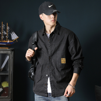 Japán stílusú férfiing, 100% pamut, egyszínű, lazább szabás, hosszú ujjú, munkaruházathoz illeszkedő denim-hatás