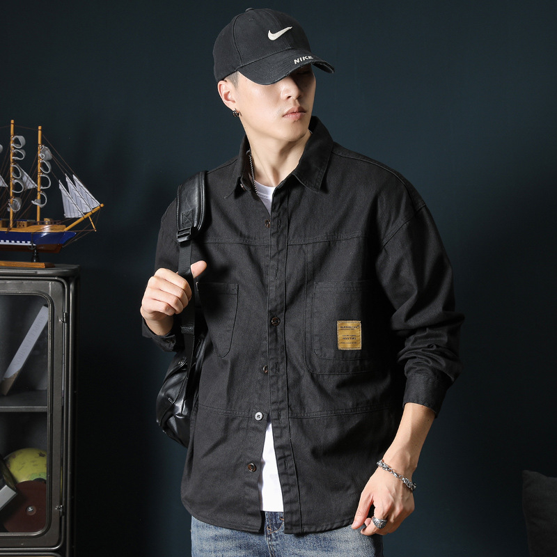 Japán stílusú férfiing, 100% pamut, egyszínű, lazább szabás, hosszú ujjú, munkaruházathoz illeszkedő denim-hatás