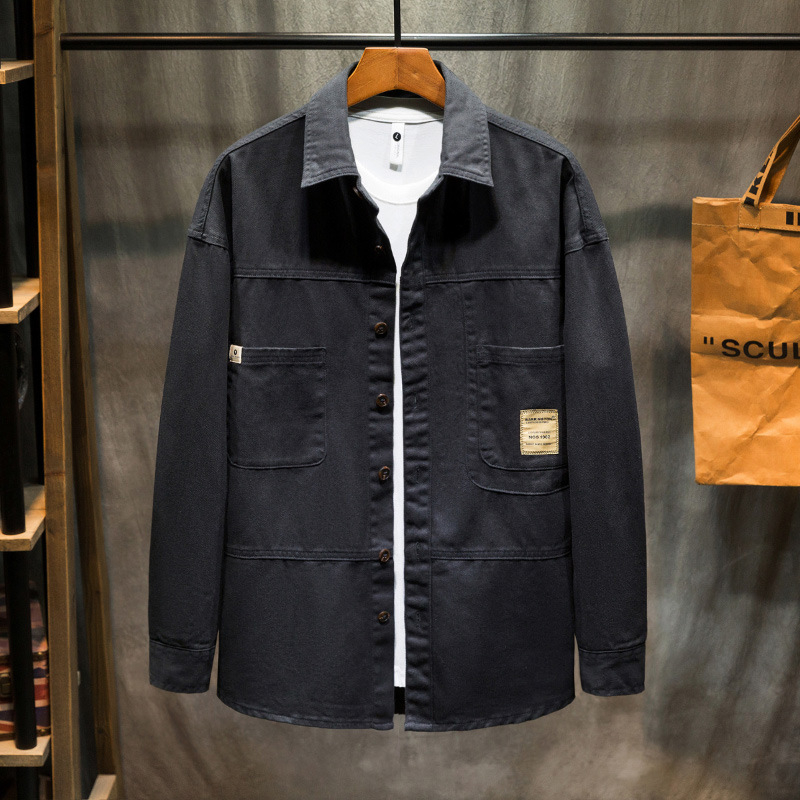 Japán stílusú férfiing, 100% pamut, egyszínű, lazább szabás, hosszú ujjú, munkaruházathoz illeszkedő denim-hatás