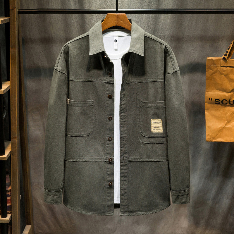 Japán stílusú férfiing, 100% pamut, egyszínű, lazább szabás, hosszú ujjú, munkaruházathoz illeszkedő denim-hatás