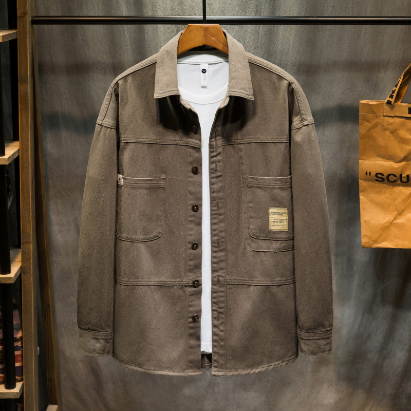 Japán stílusú férfiing, 100% pamut, egyszínű, lazább szabás, hosszú ujjú, munkaruházathoz illeszkedő denim-hatás