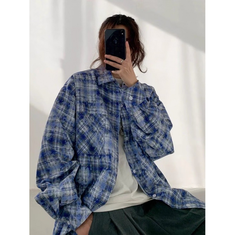 Amerikai stílusú tie-dye kék kockás ing-dzseki, uniszex, laza szabás, hosszú ujjú