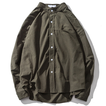 Muška košulja s dugim rukavima, crna, stojeći ovratnik, korejski stil, ležernija kroj, casual gradski stil