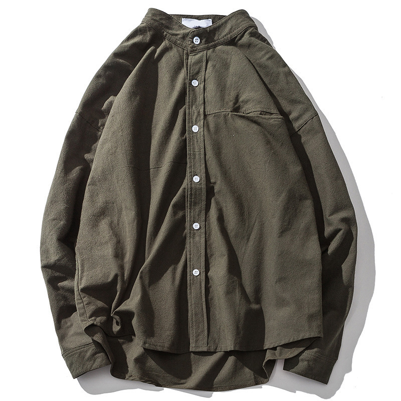 Muška košulja s dugim rukavima, crna, stojeći ovratnik, korejski stil, ležernija kroj, casual gradski stil