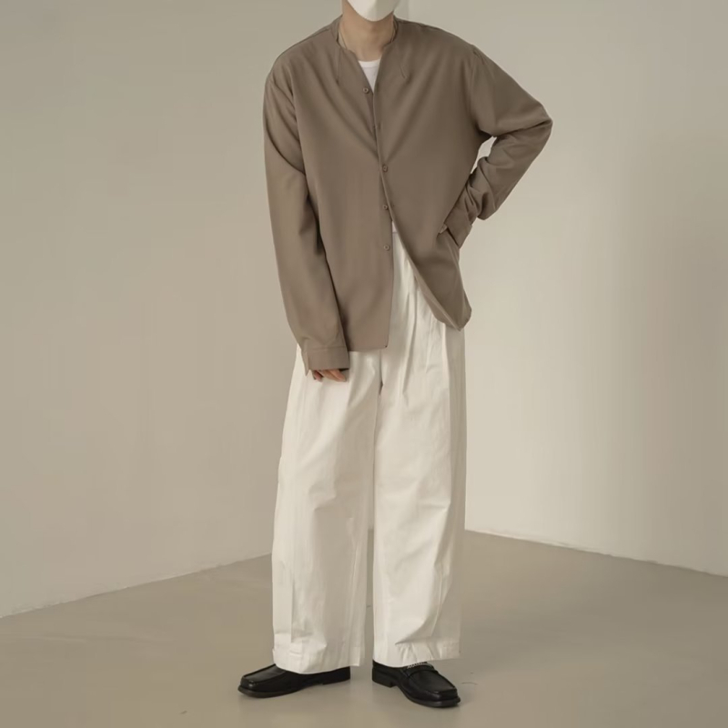 Harajuku-inspirirana košulja s dugim rukavima za proljeće, muška, jednofarbna, minimalistički stil, umjetnički dojam