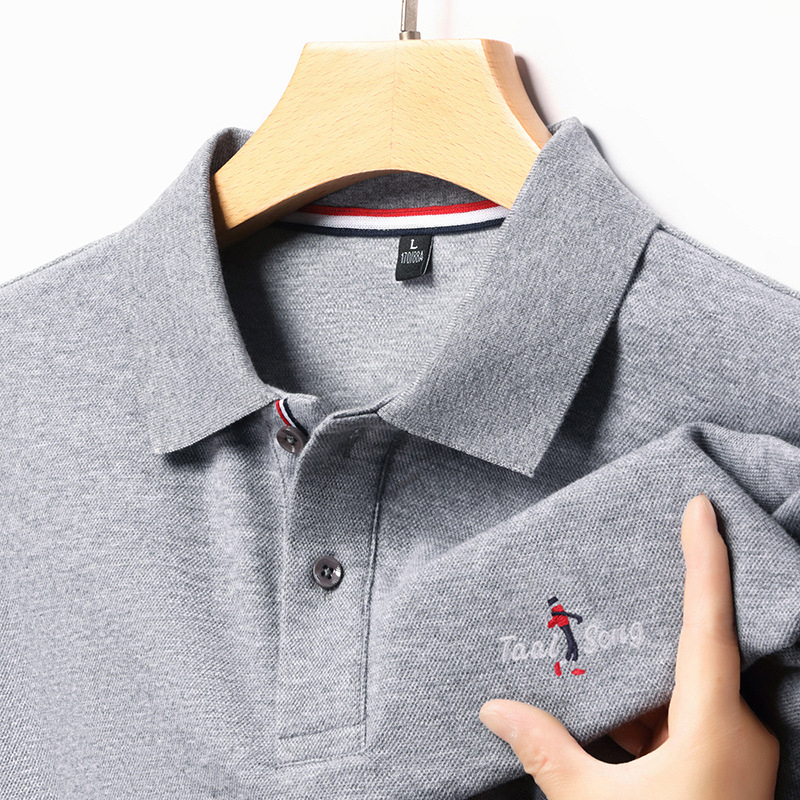 Férfi hosszú ujjú poloing, 100% hosszú szálú pamutból, egyszínű, üzleti-közéleti casual stílus intarsia részletekkel