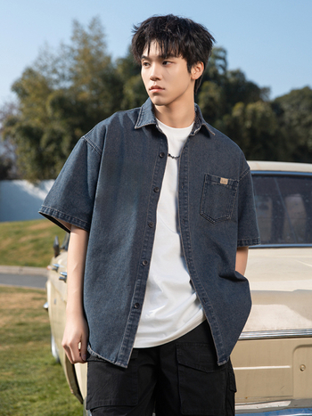 Japán stílusú retro mosott denim rövid ujjú férfiing, méret 26, bő szabás, nyári modell