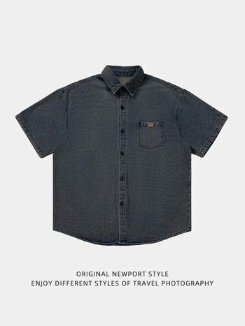 Japán stílusú retro mosott denim rövid ujjú férfiing, méret 26, bő szabás, nyári modell