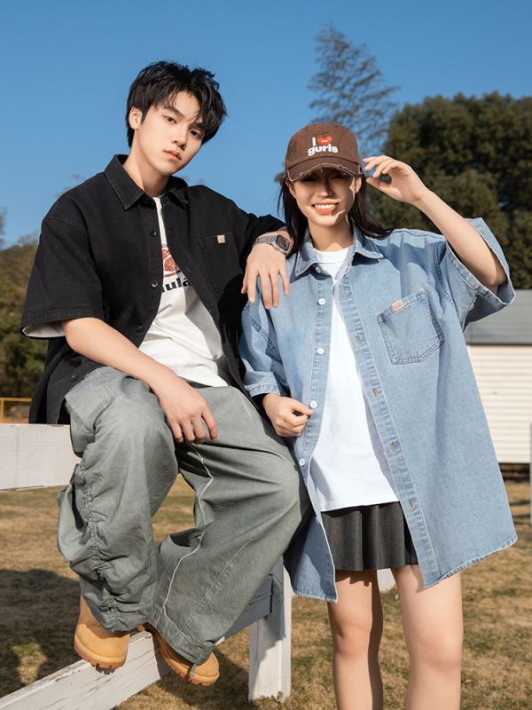 Japán stílusú retro mosott denim rövid ujjú férfiing, méret 26, bő szabás, nyári modell