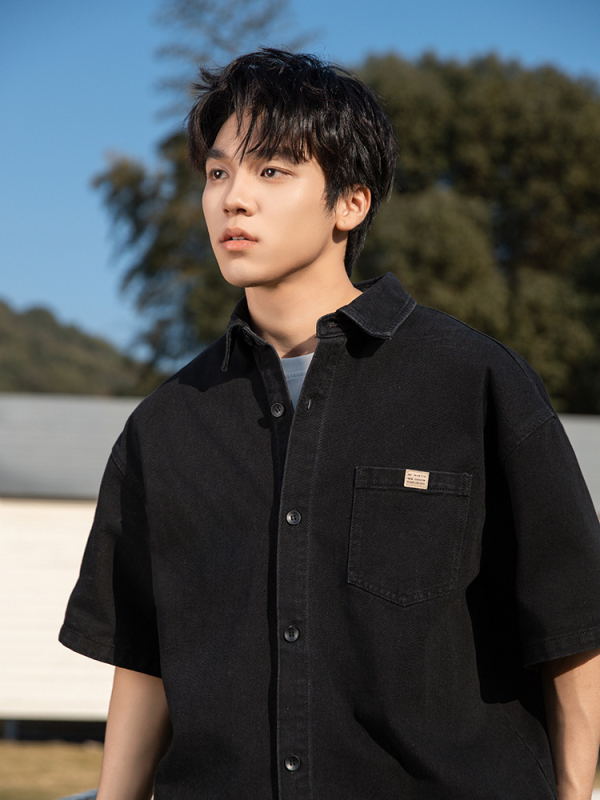 Japán stílusú retro mosott denim rövid ujjú férfiing, méret 26, bő szabás, nyári modell