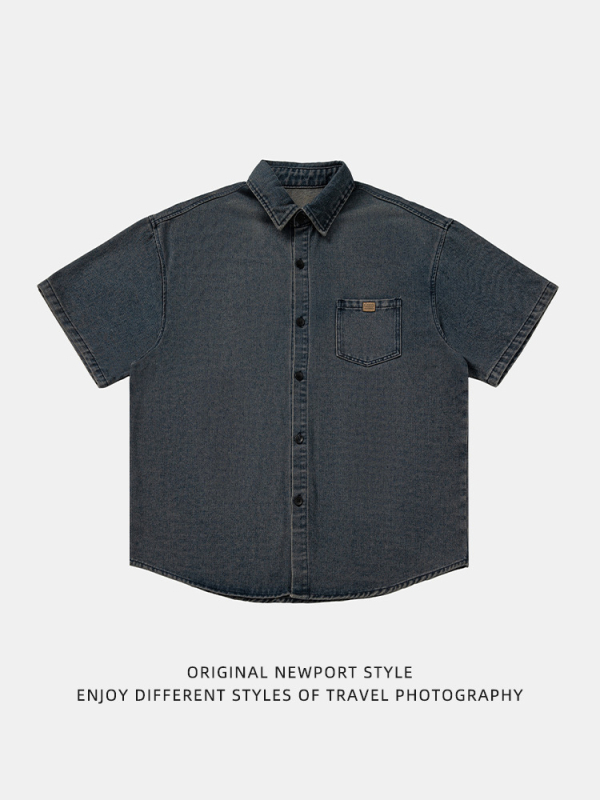 Japán stílusú retro mosott denim rövid ujjú férfiing, méret 26, bő szabás, nyári modell