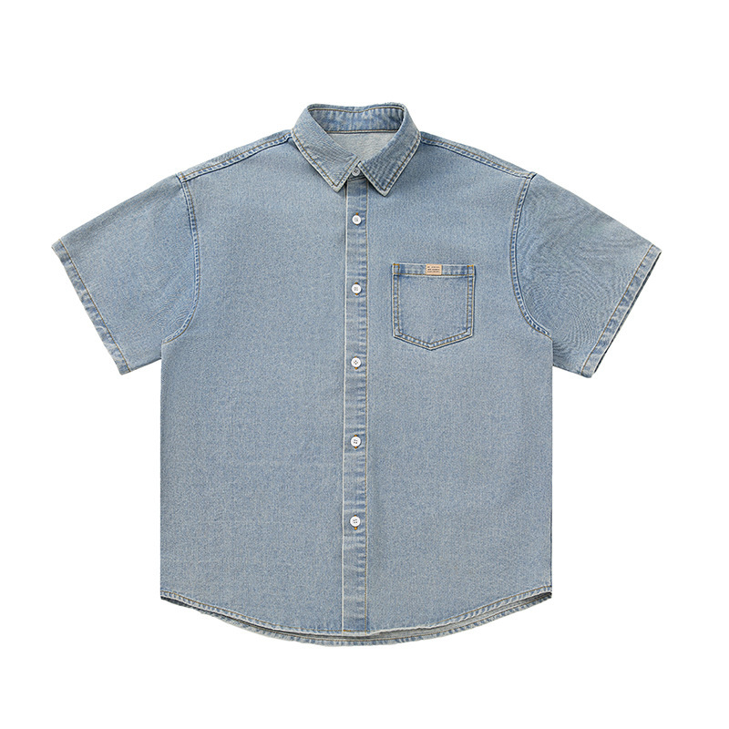 Japán stílusú retro mosott denim rövid ujjú férfiing, méret 26, bő szabás, nyári modell