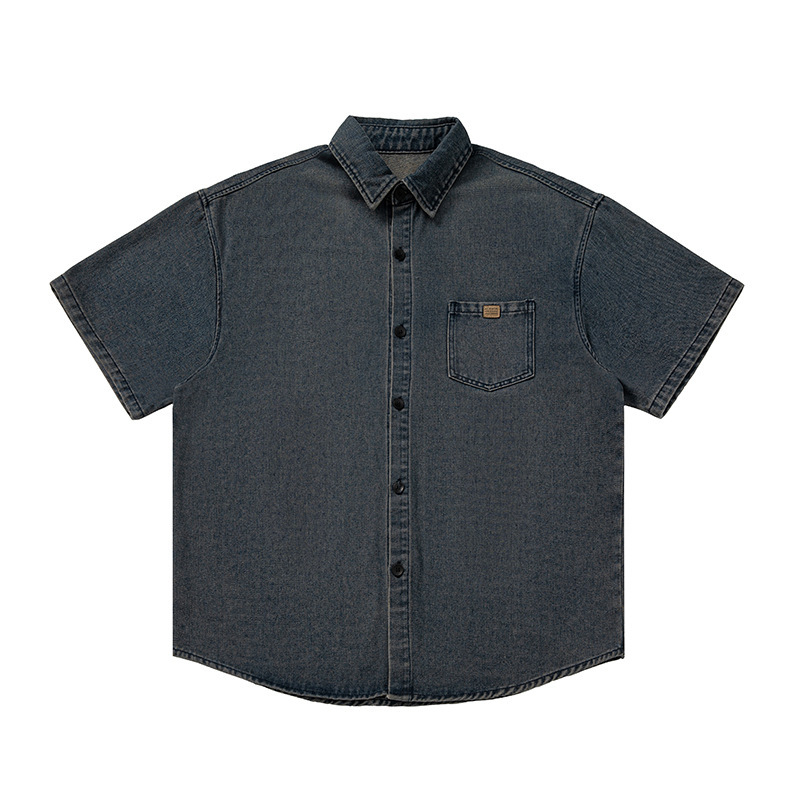 Japán stílusú retro mosott denim rövid ujjú férfiing, méret 26, bő szabás, nyári modell