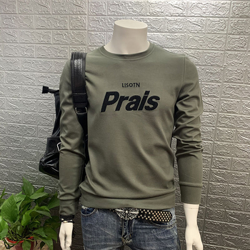Férfi környakú pulóver, slim fit, hosszú ujjú, pamutkeverék, betűs hímzéssel, tavasz–ősz ideális