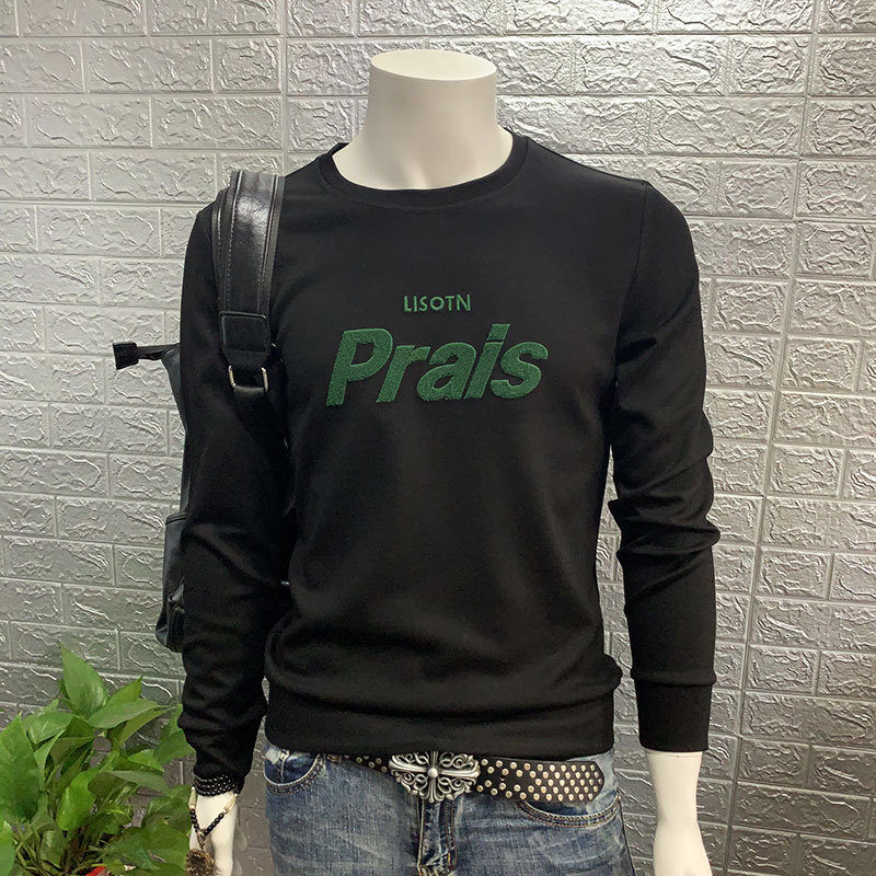 Férfi környakú pulóver, slim fit, hosszú ujjú, pamutkeverék, betűs hímzéssel, tavasz–ősz ideális