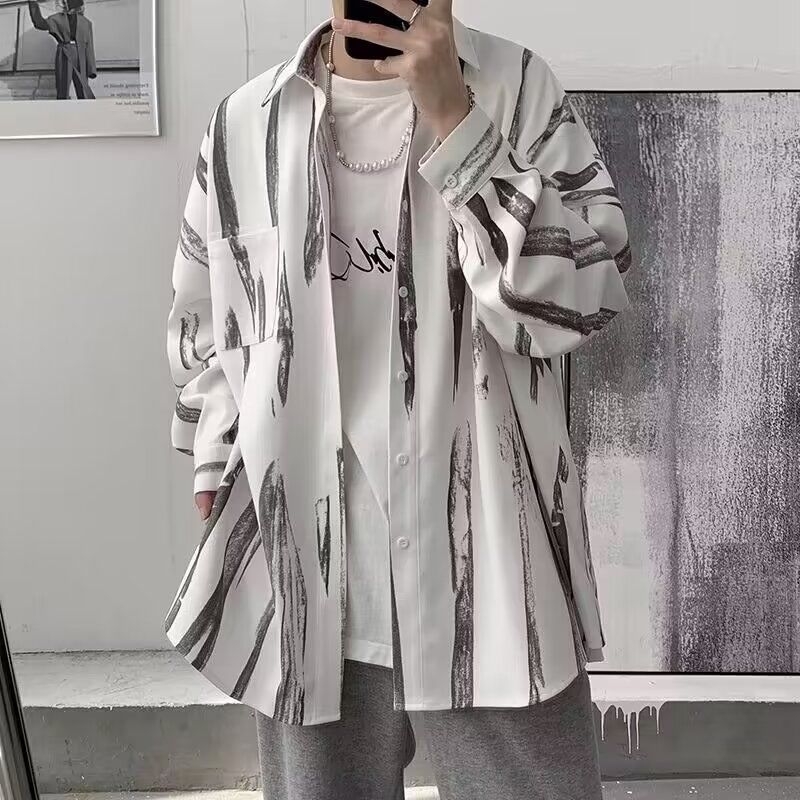 Muška košulja s tie-dye, dugi rukavi, ležeran kroj, kardigan-stil sa stojećim ovratnikom, svakodnevna odjeća za proljeće i jesen