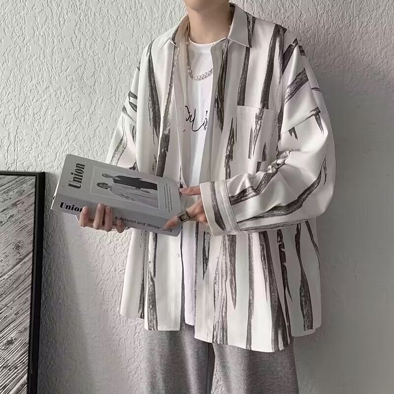 Muška košulja s tie-dye, dugi rukavi, ležeran kroj, kardigan-stil sa stojećim ovratnikom, svakodnevna odjeća za proljeće i jesen