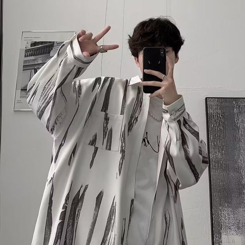 Muška košulja s tie-dye, dugi rukavi, ležeran kroj, kardigan-stil sa stojećim ovratnikom, svakodnevna odjeća za proljeće i jesen