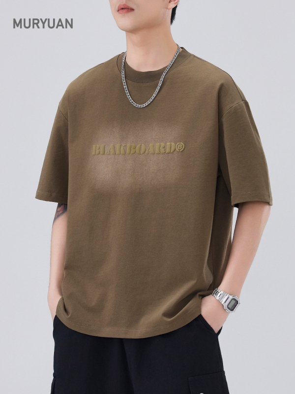 Mu Yuan muška pamučna kratka majica za ljeto 2025, otisak slova u pjenastom efektu, retro streetwear