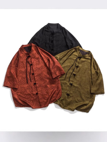 Cămașă bărbătească de vară în stil chinezesc, jacquard cu model floral închis, mâneci scurte, guler mandarin, croială lejeră