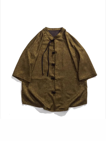 Cămașă bărbătească de vară în stil chinezesc, jacquard cu model floral închis, mâneci scurte, guler mandarin, croială lejeră