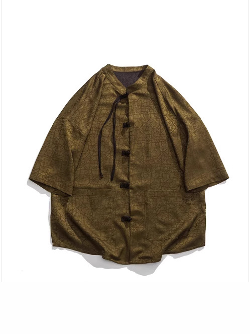 Cămașă bărbătească de vară în stil chinezesc, jacquard cu model floral închis, mâneci scurte, guler mandarin, croială lejeră
