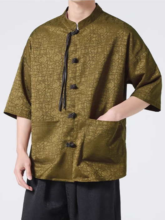 Cămașă bărbătească de vară în stil chinezesc, jacquard cu model floral închis, mâneci scurte, guler mandarin, croială lejeră