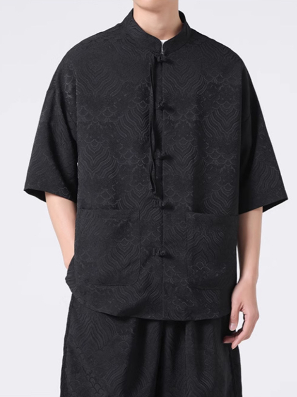 Cămașă bărbătească de vară în stil chinezesc, jacquard cu model floral închis, mâneci scurte, guler mandarin, croială lejeră