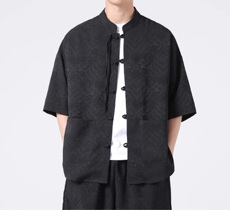 Cămașă bărbătească de vară în stil chinezesc, jacquard cu model floral închis, mâneci scurte, guler mandarin, croială lejeră