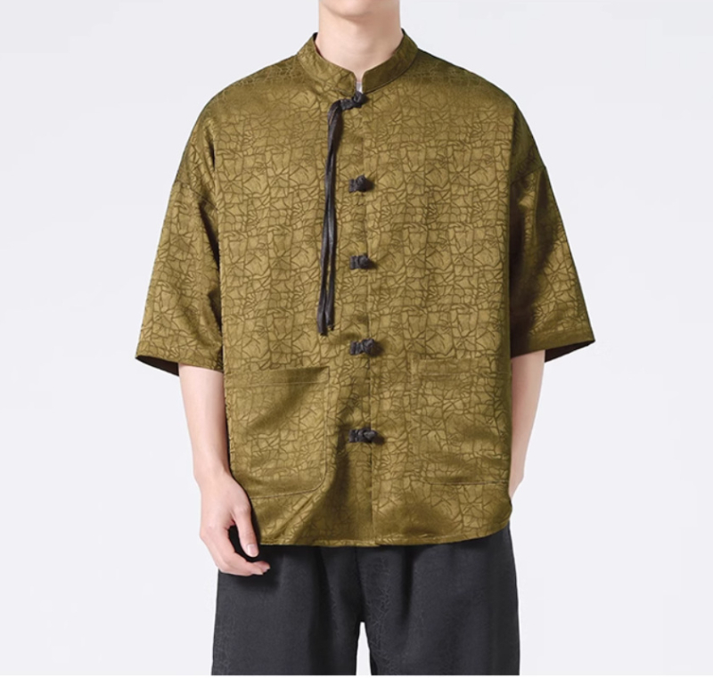 Cămașă bărbătească de vară în stil chinezesc, jacquard cu model floral închis, mâneci scurte, guler mandarin, croială lejeră