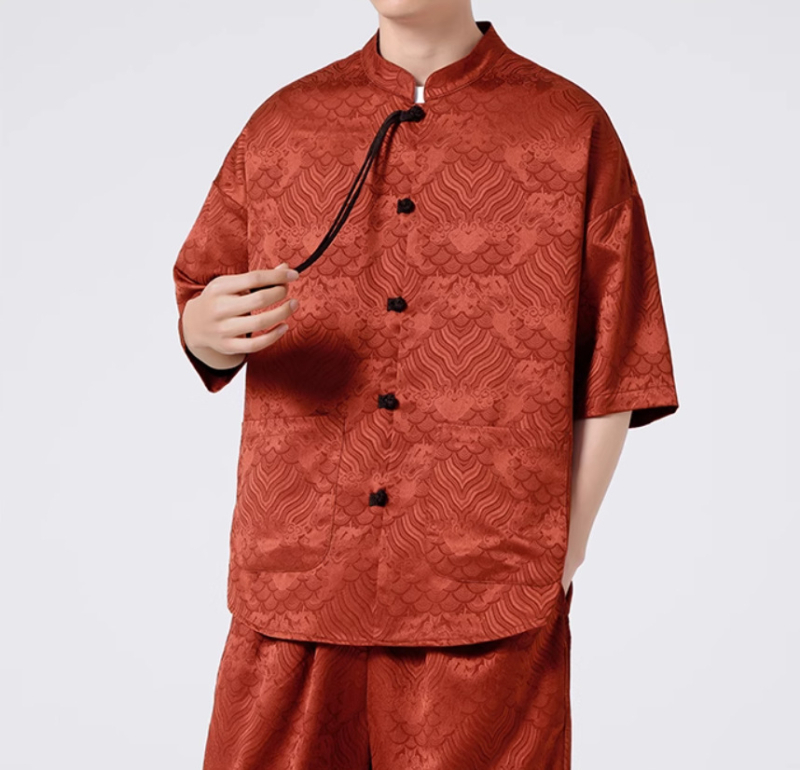 Cămașă bărbătească de vară în stil chinezesc, jacquard cu model floral închis, mâneci scurte, guler mandarin, croială lejeră