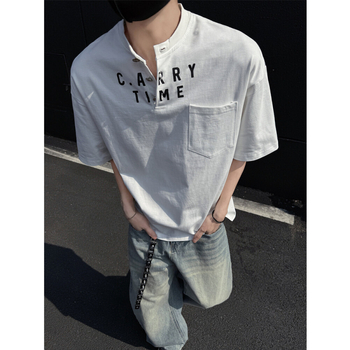 INTFEDAY Muško pamučno T-shirt s Henley ovratnikom, natpis slovima crno-bijeli, korejski Dongdaemun stil, kratki rukavi