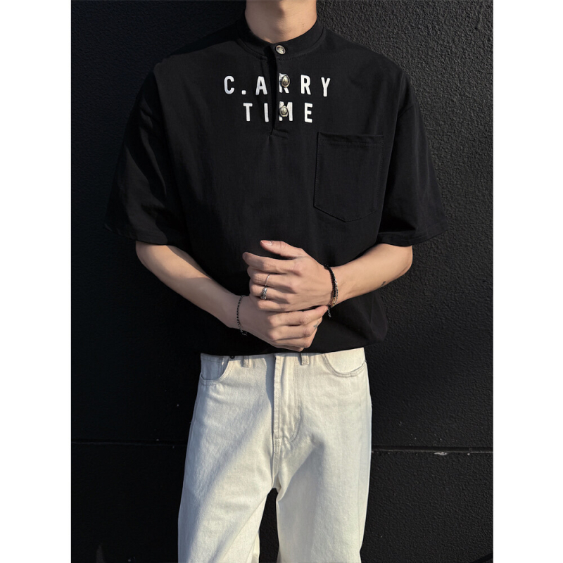 INTFEDAY Muško pamučno T-shirt s Henley ovratnikom, natpis slovima crno-bijeli, korejski Dongdaemun stil, kratki rukavi