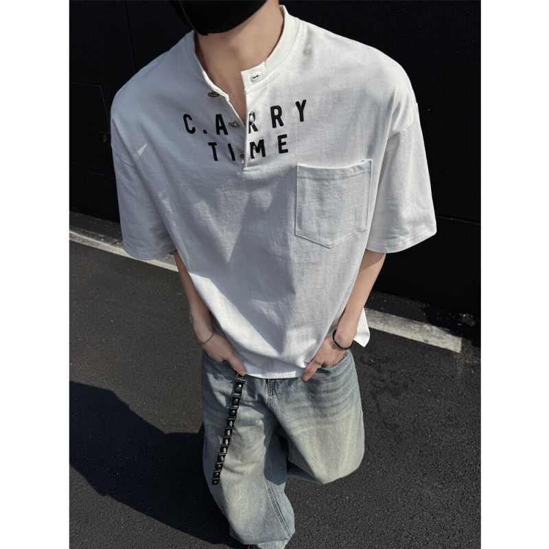 INTFEDAY Muško pamučno T-shirt s Henley ovratnikom, natpis slovima crno-bijeli, korejski Dongdaemun stil, kratki rukavi