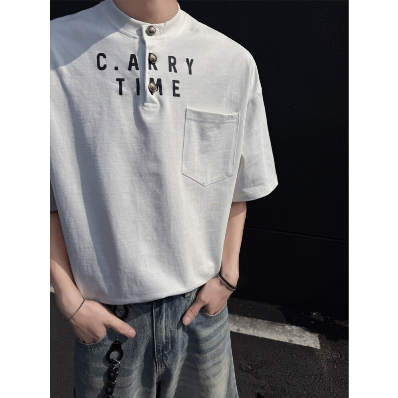 INTFEDAY Muško pamučno T-shirt s Henley ovratnikom, natpis slovima crno-bijeli, korejski Dongdaemun stil, kratki rukavi