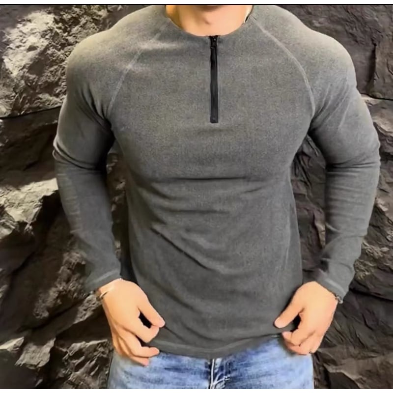 Muška slim-fit zimsku majicu s dugim rukavima od baršunasto-flisa, s polu-zipom i okruglim izrezom