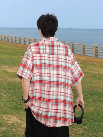 Kockás rövid ujjú ing férfiaknak, laza szabású, koreai stílusú retro, mindennapi felső