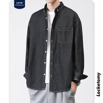 LKTM Férfi denim ing – lazított szabás, hosszú ujjú, japán retro munkaruházat stílusban, hétköznapi viselet őszre és télre