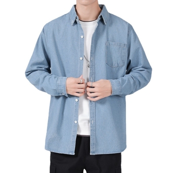 LKTM Férfi denim ing – lazított szabás, hosszú ujjú, japán retro munkaruházat stílusban, hétköznapi viselet őszre és télre