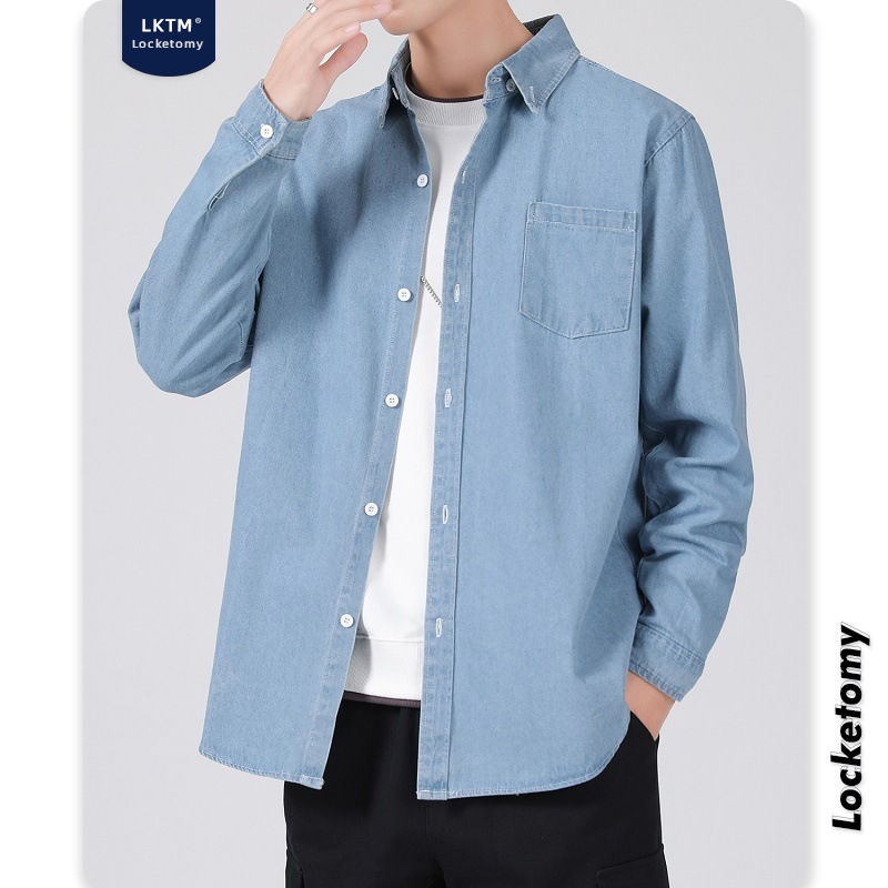 LKTM Férfi denim ing – lazított szabás, hosszú ujjú, japán retro munkaruházat stílusban, hétköznapi viselet őszre és télre