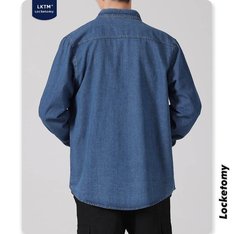 LKTM Férfi denim ing – lazított szabás, hosszú ujjú, japán retro munkaruházat stílusban, hétköznapi viselet őszre és télre