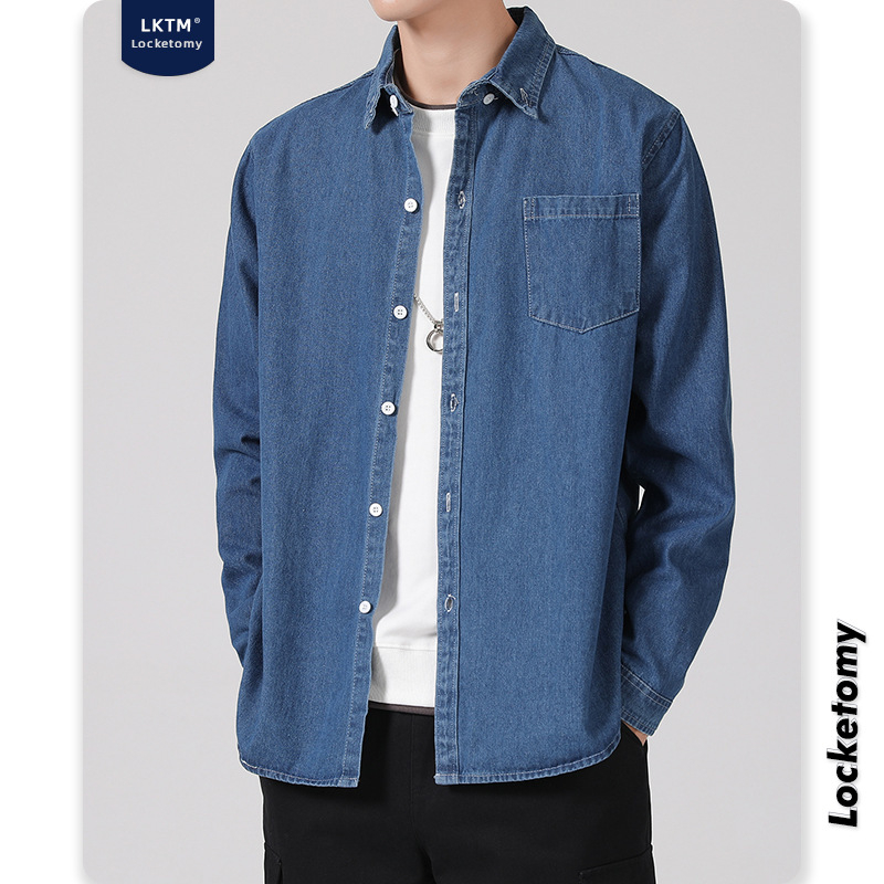 LKTM Férfi denim ing – lazított szabás, hosszú ujjú, japán retro munkaruházat stílusban, hétköznapi viselet őszre és télre