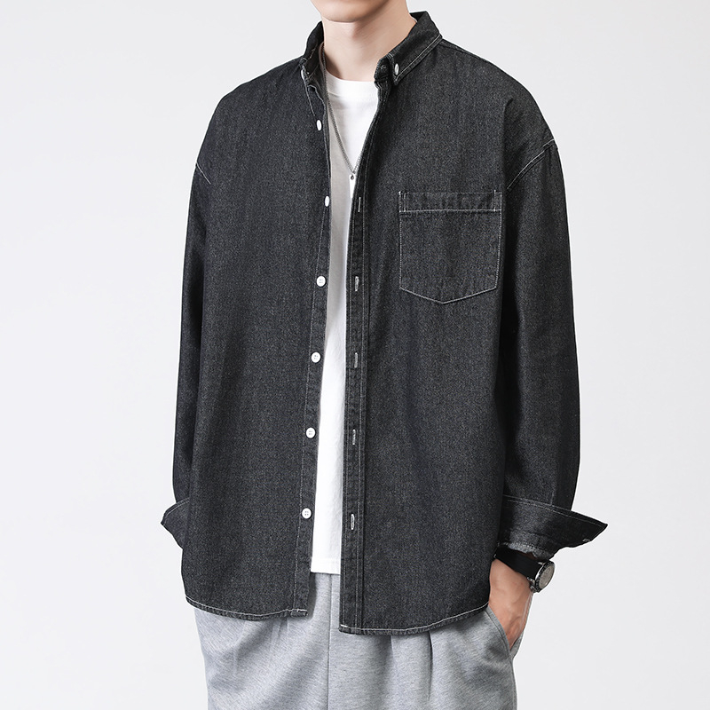 LKTM Férfi denim ing – lazított szabás, hosszú ujjú, japán retro munkaruházat stílusban, hétköznapi viselet őszre és télre