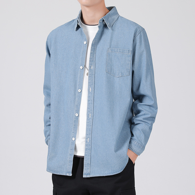 LKTM Férfi denim ing – lazított szabás, hosszú ujjú, japán retro munkaruházat stílusban, hétköznapi viselet őszre és télre