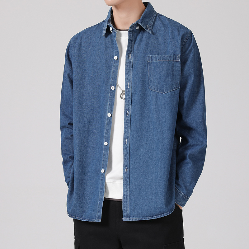 LKTM Férfi denim ing – lazított szabás, hosszú ujjú, japán retro munkaruházat stílusban, hétköznapi viselet őszre és télre