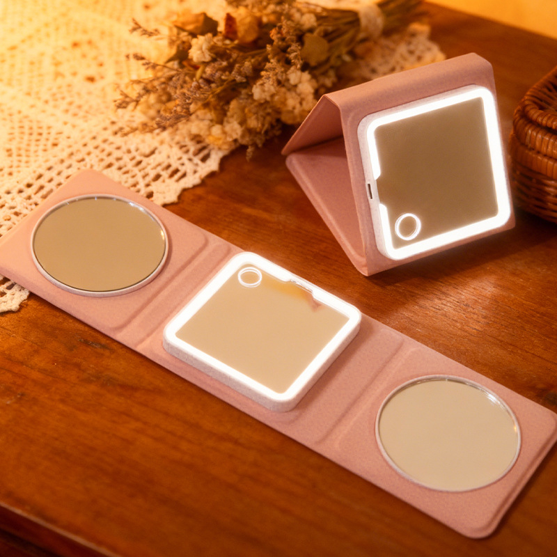 Macaron LED összecsukható sminktükör világítással, kompakt és hordozható, 10x nagyítás, USB-töltés