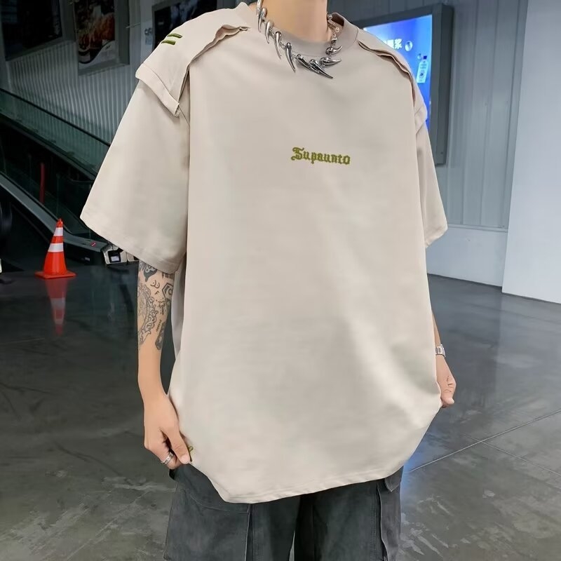 Férfi vállpárnázott rövid ujjú póló, trend design, nyári laza szabás, nehéz anyag