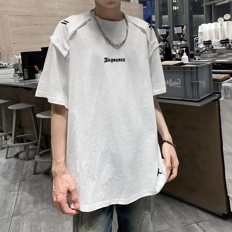 Férfi vállpárnázott rövid ujjú póló, trend design, nyári laza szabás, nehéz anyag
