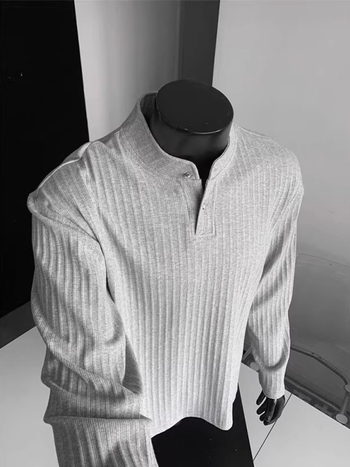 Cleanfit teksturirani muški dugi rukav T-shirt s Henley ovratnikom, vintage Old Money stil, vrhunska kvaliteta