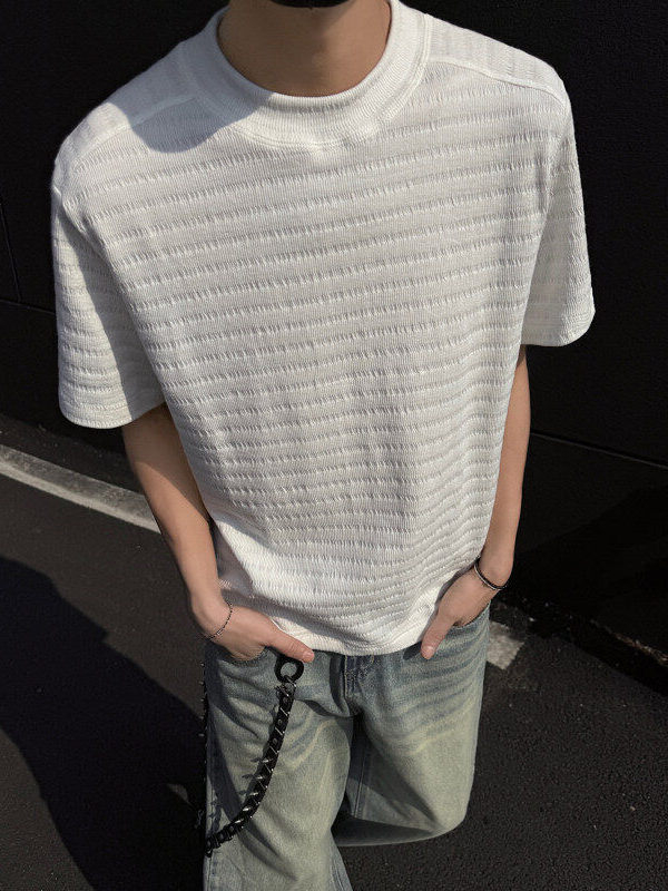 Férfi egyszínű jacquard póló, könnyű, lélegző pamut-keverék anyag, kerek nyak, rövid ujj, nyári viselet, slim fit.
